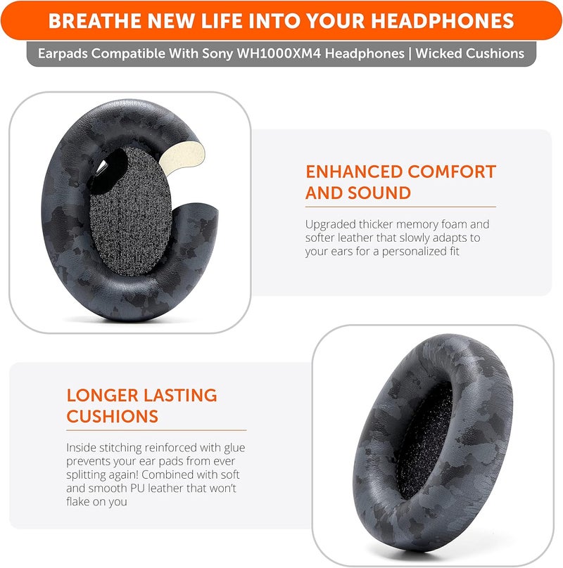 WC Wicked Cushions Extra Thick Earpads for Sony WH1000XM4 Headphones - Soft PU Leather Cushions, Luxurious Noise Isolating Memory Foam, Added Thickness Without Disabling On/Off Sensor | Black Camo - Image 4